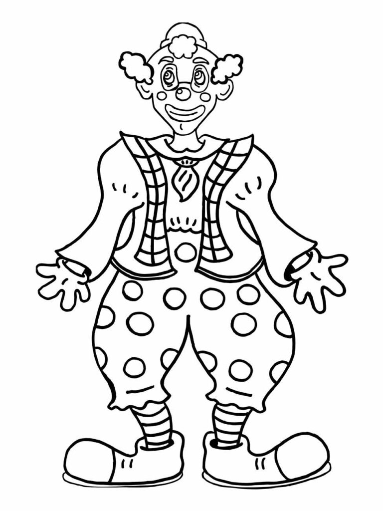 Desenho para colorir de um palhaço com roupa de bolinhas e colete, sorrindo.