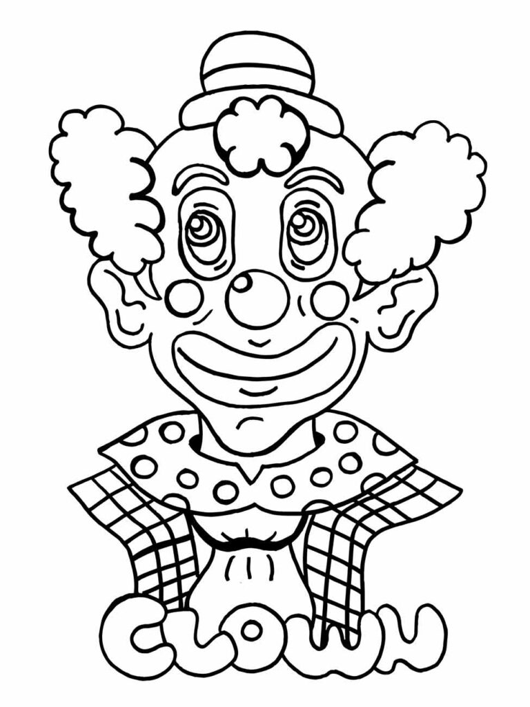 Desenho do palhaço para colorir com palavra "CLOWN" inclusa no design.