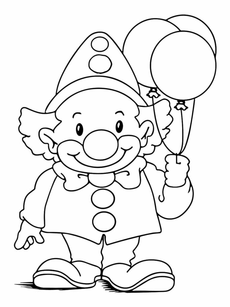 Desenho para colorir de um palhaço infantil com balões e chapéu pontudo.