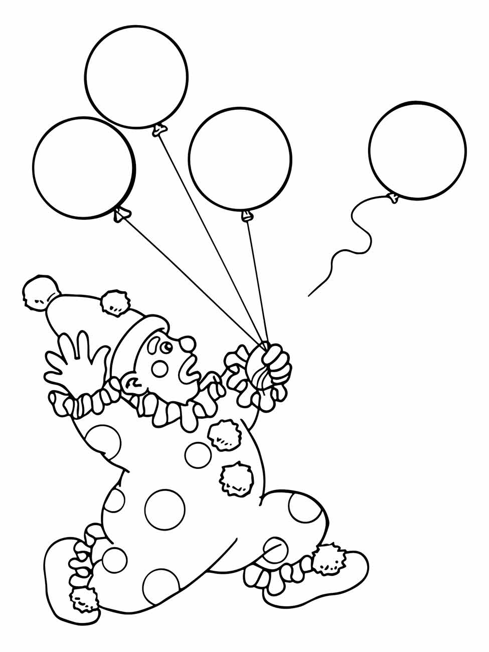 Desenho para colorir de um palhaço sendo levantado por balões, com um perdido ao vento.