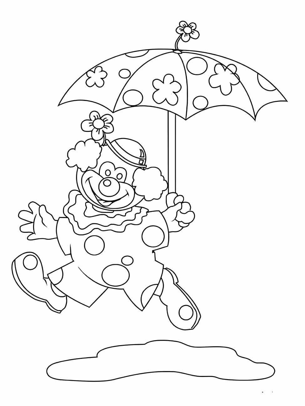 Figura para colorir de um palhaço saltando com um guarda-chuva decorado com flores.