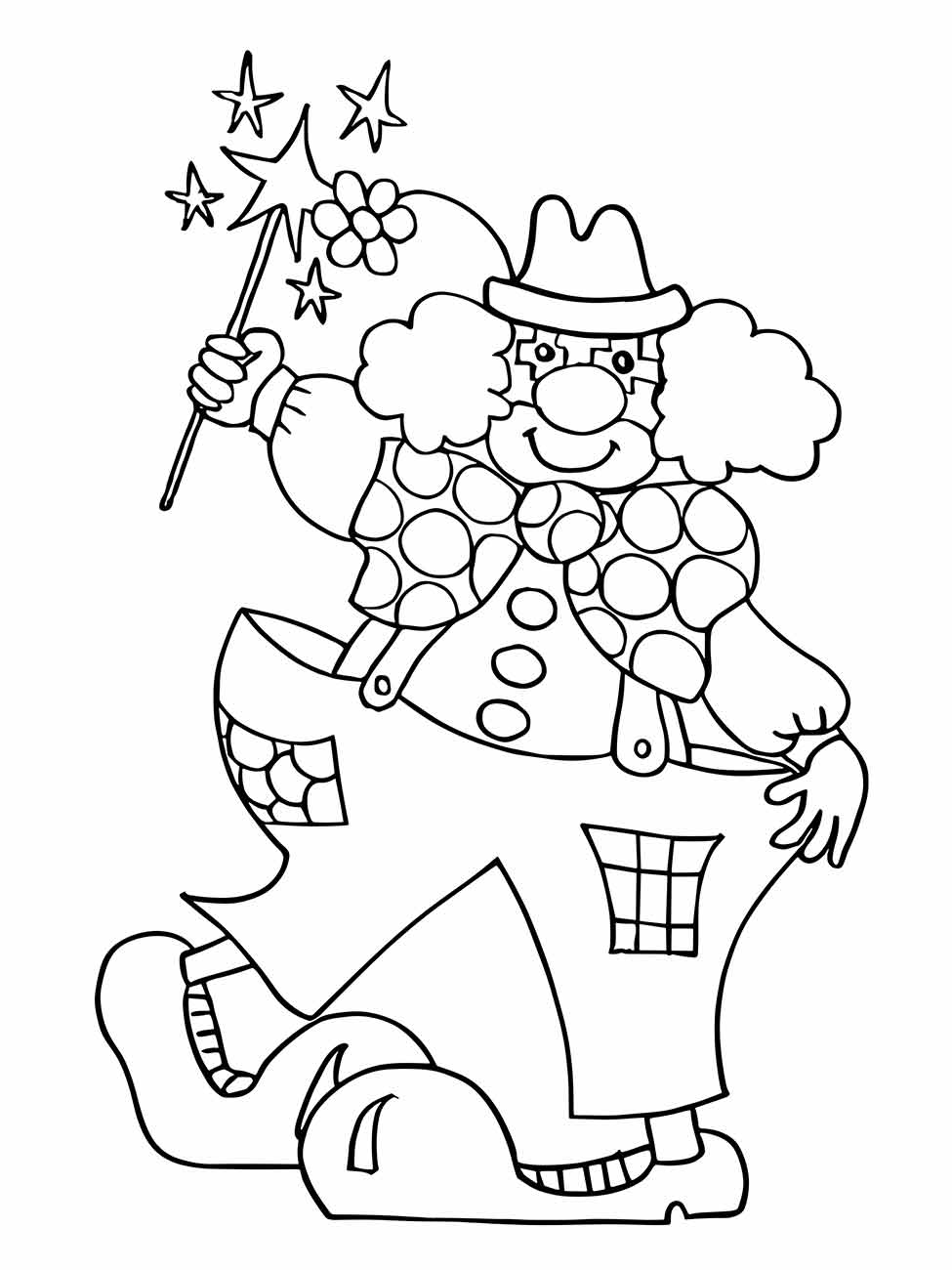 Desenho para colorir de um palhaço mágico com varinha de condão e padrão de círculos na roupa.