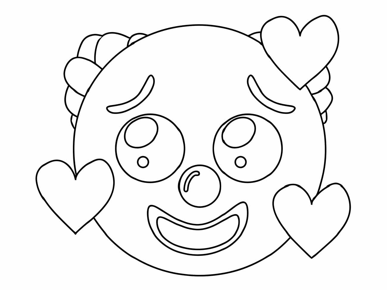 Desenho para colorir de rosto de palhaço cercado por corações, ideal para educação infantil.