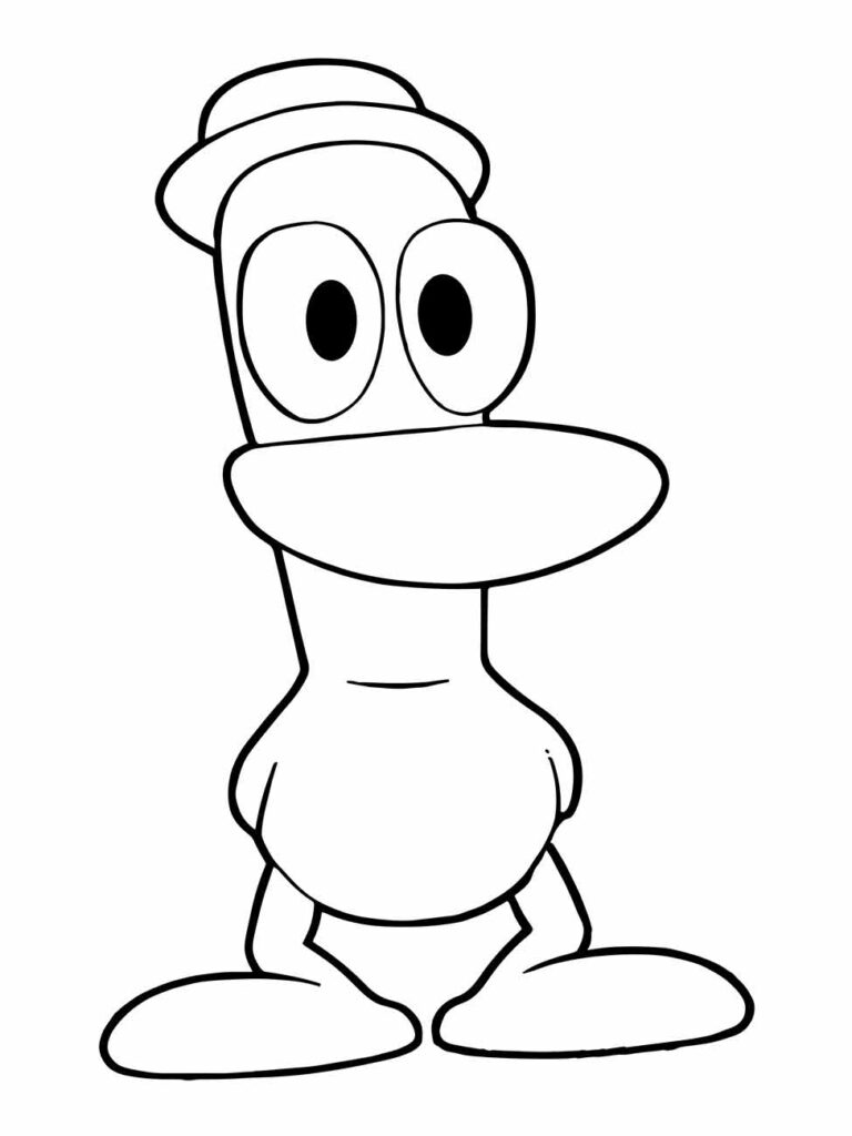 Desenhos para colorir do Pato de Pocoyo, com o personagem usando um chapéu charmoso, perfeito para uma sessão de arte.