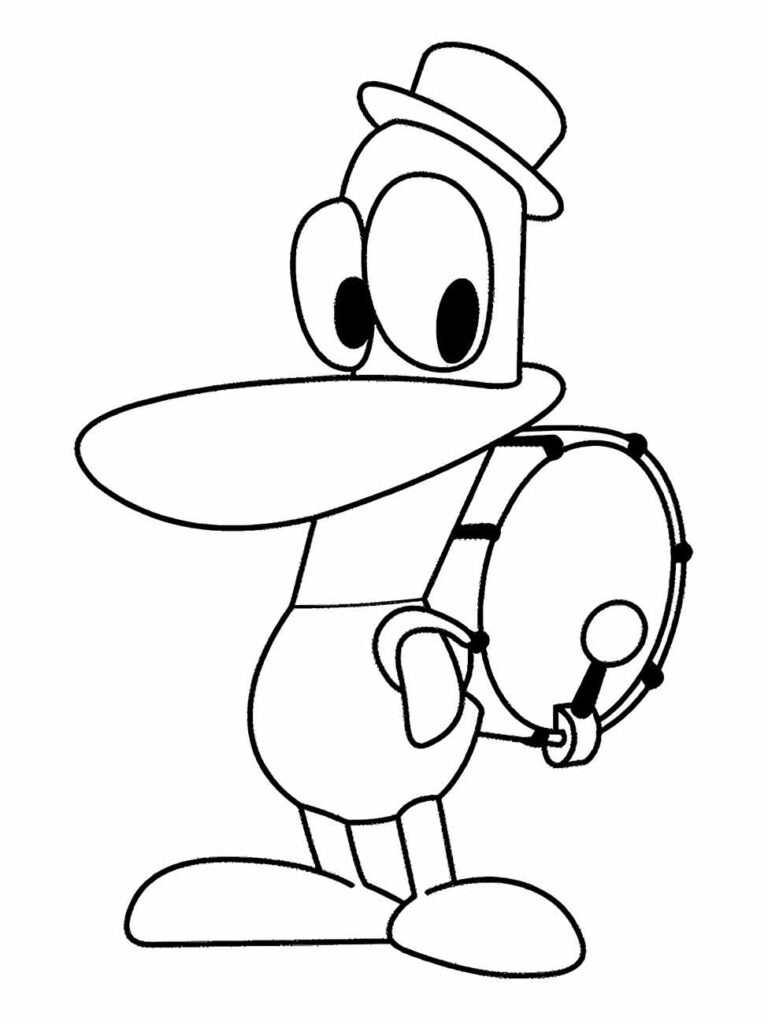 desenho de Pato de Pocoyo para colorir, com o personagem em trajes de música, adicionando diversão e educação à atividade de pintura.