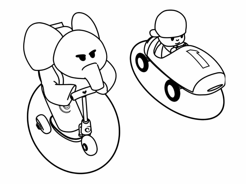 Desenhos para colorir de Elly em seu patinete e Pocoyo em seu carro, ótimo para brincadeiras imaginativas.