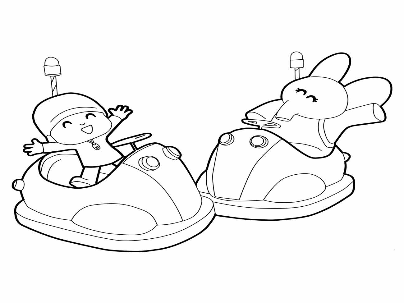 Pocoyo e Elly para colorir, ambos em carros de corrida, proporcionando uma divertida atividade de pintura.