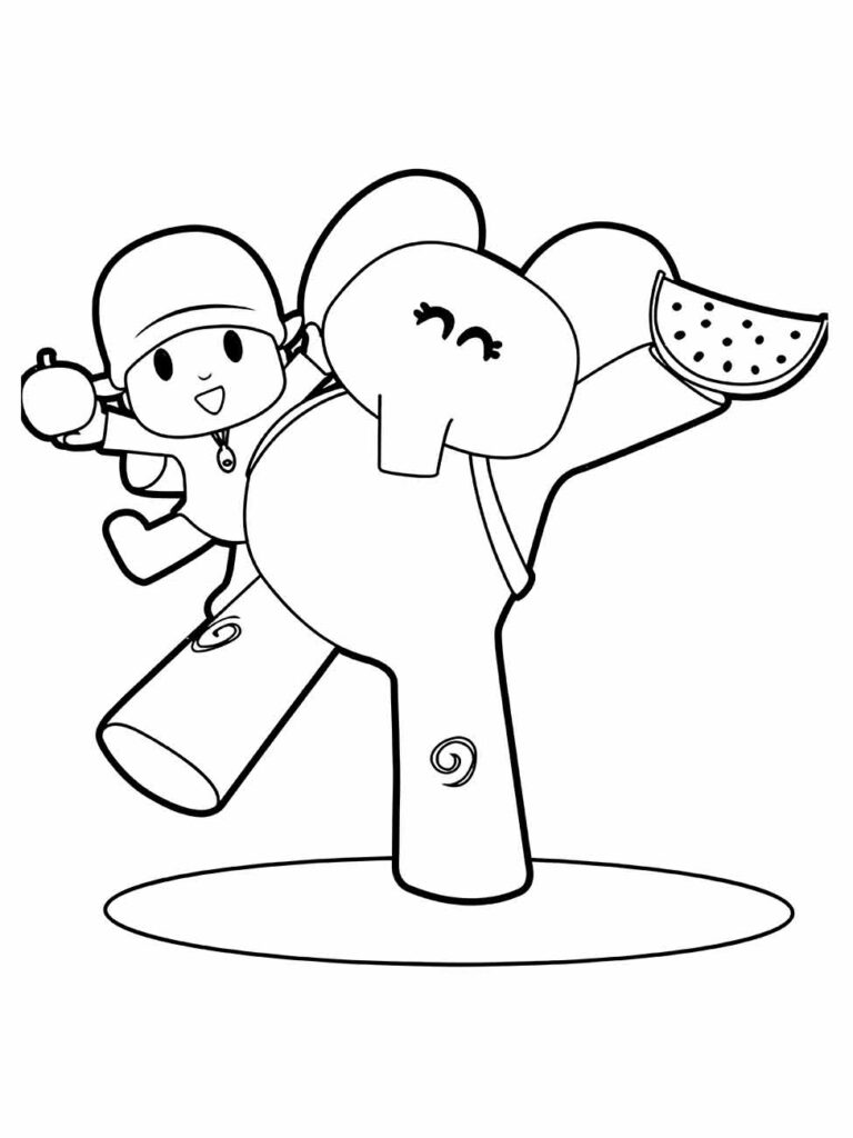 Pocoyo e Elly para colorir, mostrando Pocoyo com uma maçã e Elly com um fatia de melancia, ideal para uma atividade de pintura.