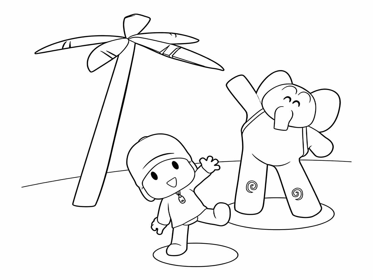 Desenhos para colorir e imprimir do Pocoyo e Elly sob uma palmeira, uma cena tropical divertida para as crianças.