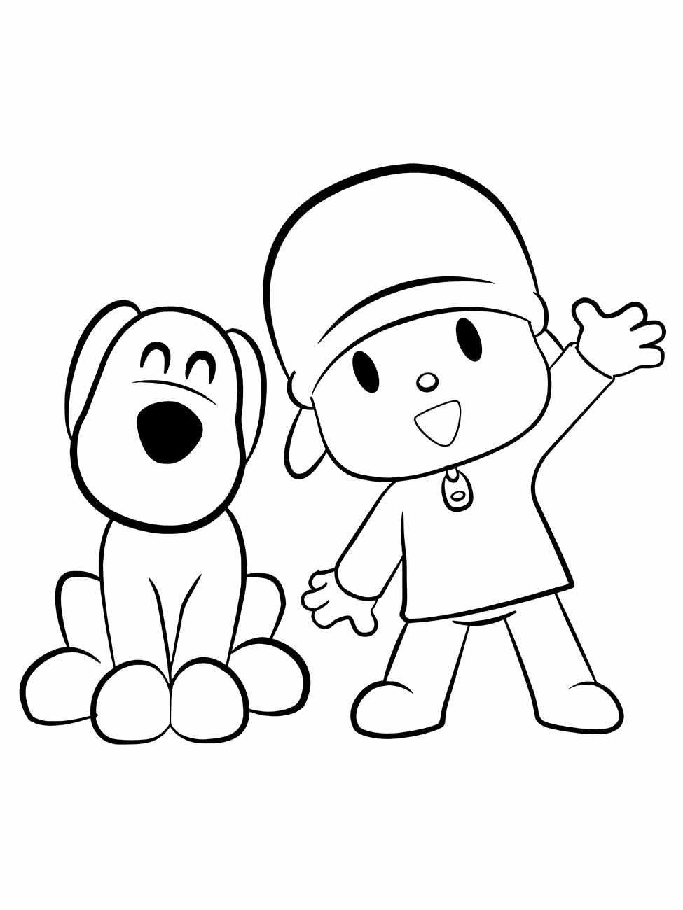 Pocoyo e Loula para colorir, onde Pocoyo acena alegremente ao lado de seu amigo canino, ótimo para pintura em família.