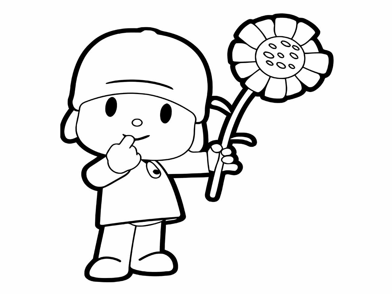 desenho de Pocoyo para colorir segurando uma flor.