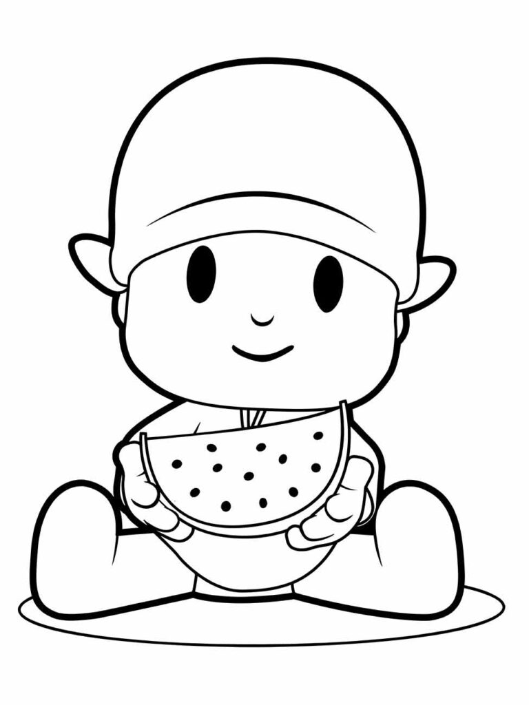 Desenho de Pocoyo para colorir e imprimir com uma melancia.