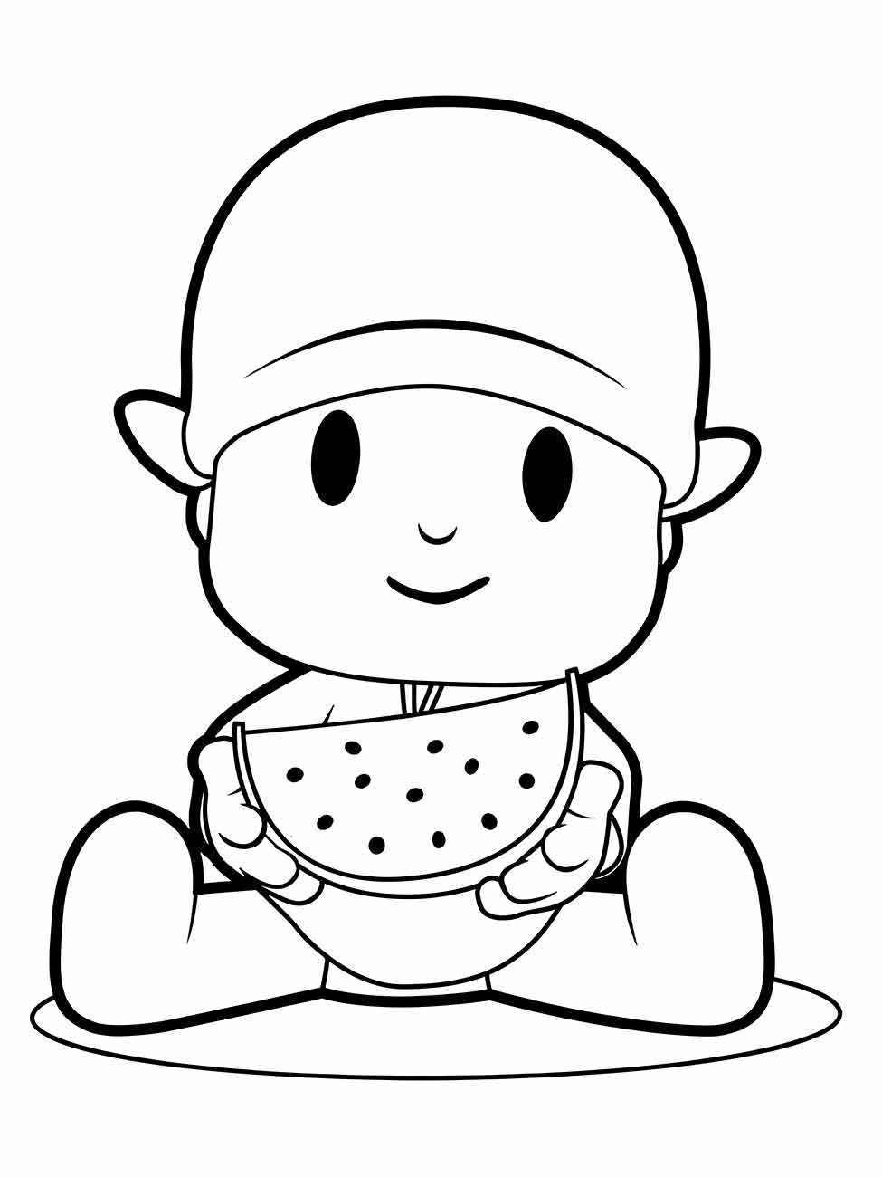 Desenho de Pocoyo para colorir e imprimir com uma melancia.