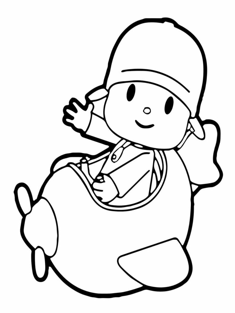 Pocoyo para colorir voando em um avião.