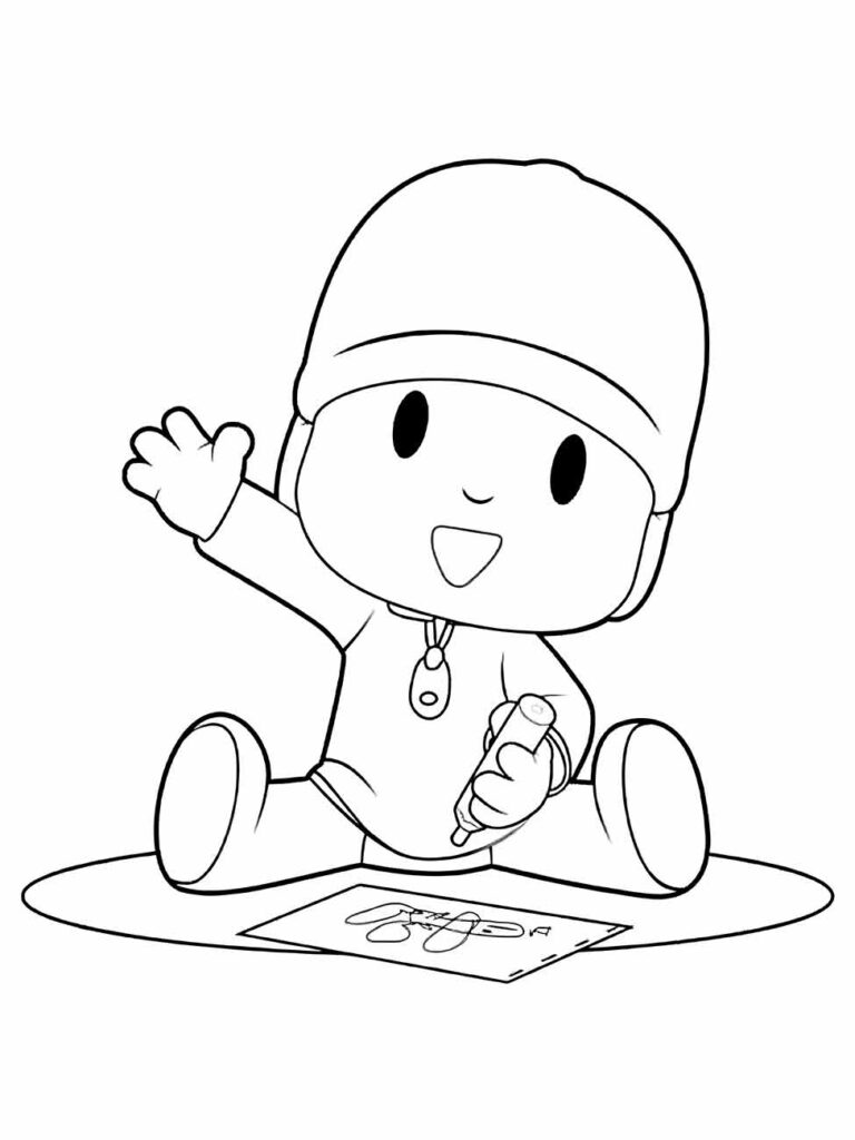 Desenho para colorir e imprimir Pocoyo pintando no papel.