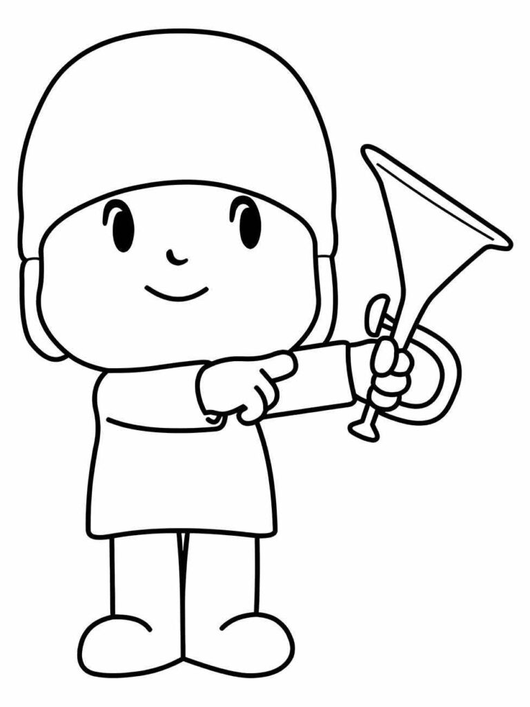 Desenho para colorir de Pocoyo tocando trompete.