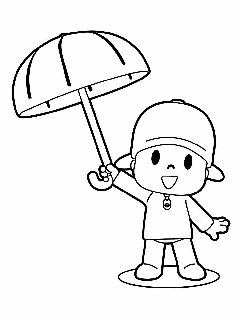 Desenho do Pocoyo para colorir segurando um guarda-chuva.