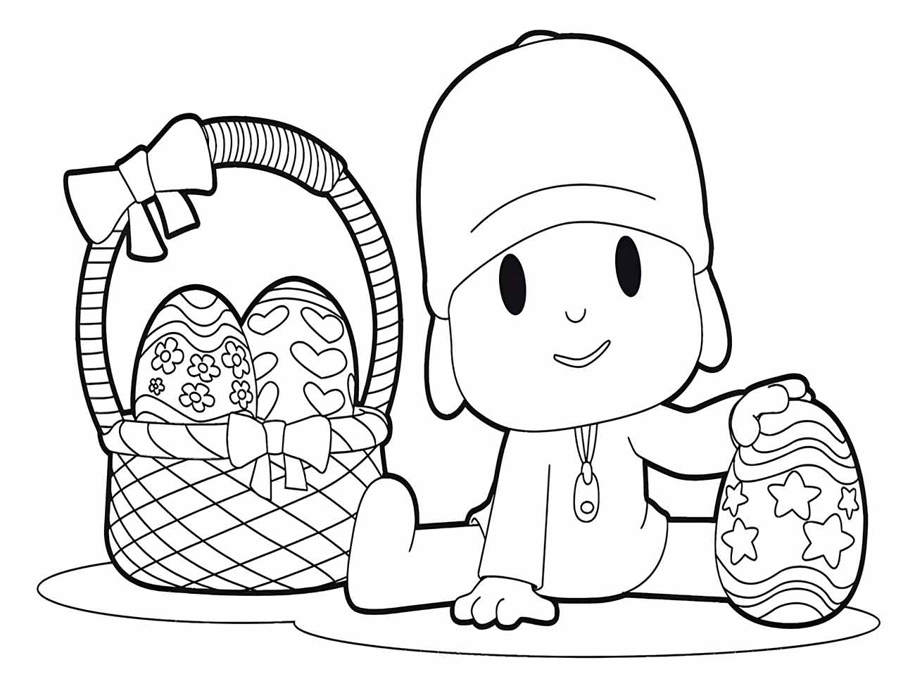 Desenho para colorir de Pocoyo com cesta de ovos de Páscoa.