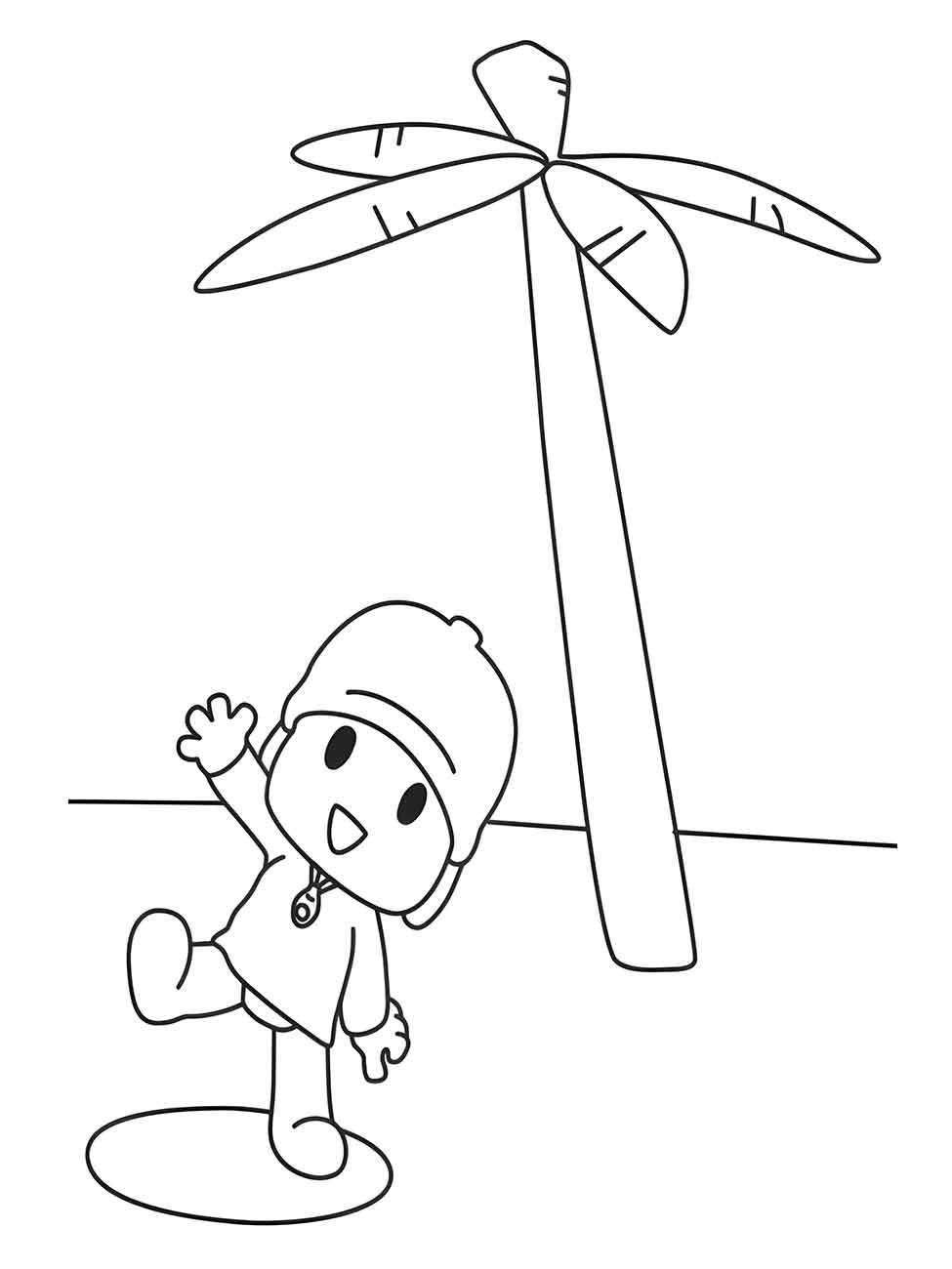 Desenho do Pocoyo para colorir na praia com palmeira.