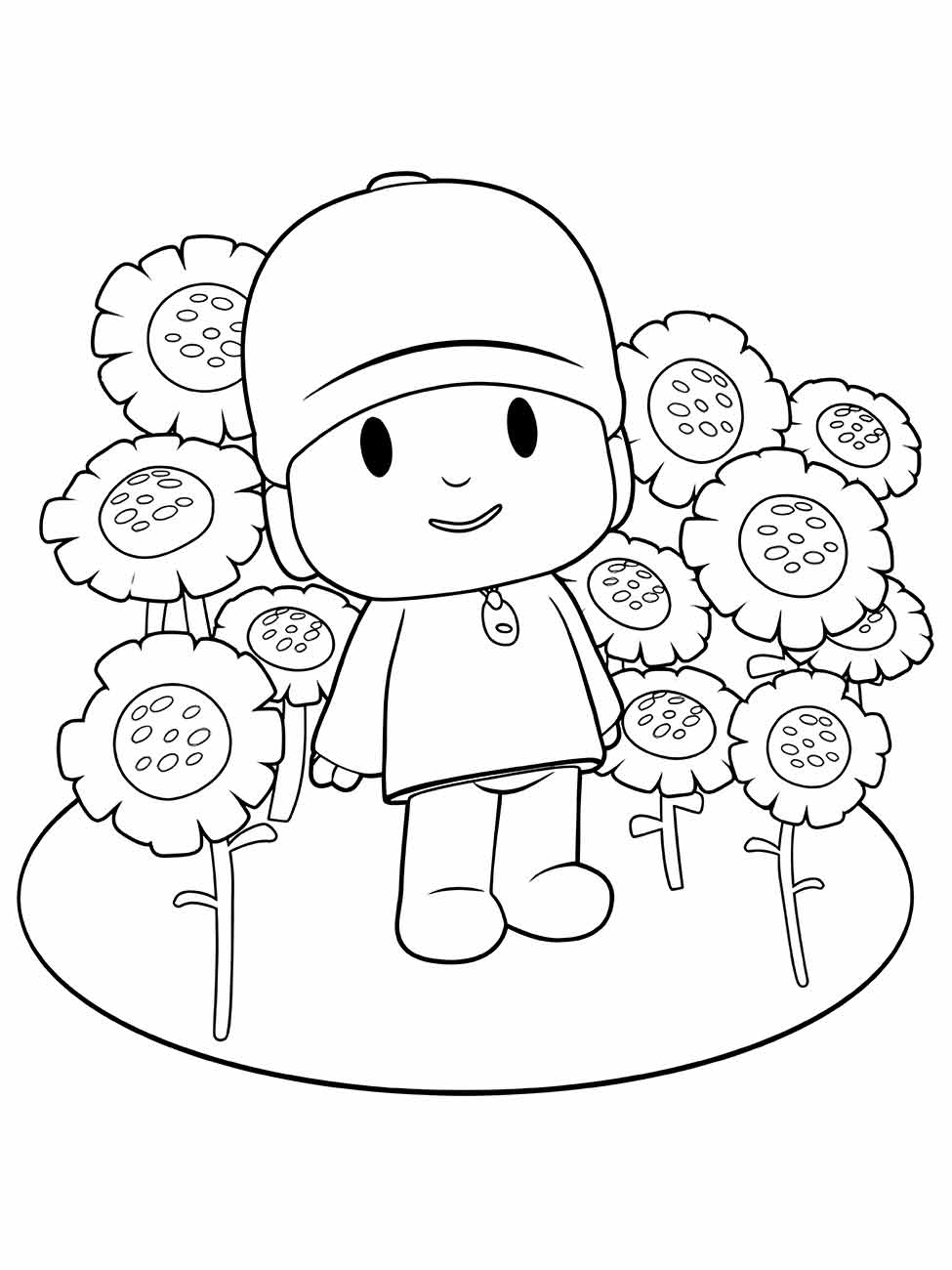 Desenho para colorir e imprimir Pocoyo entre flores.