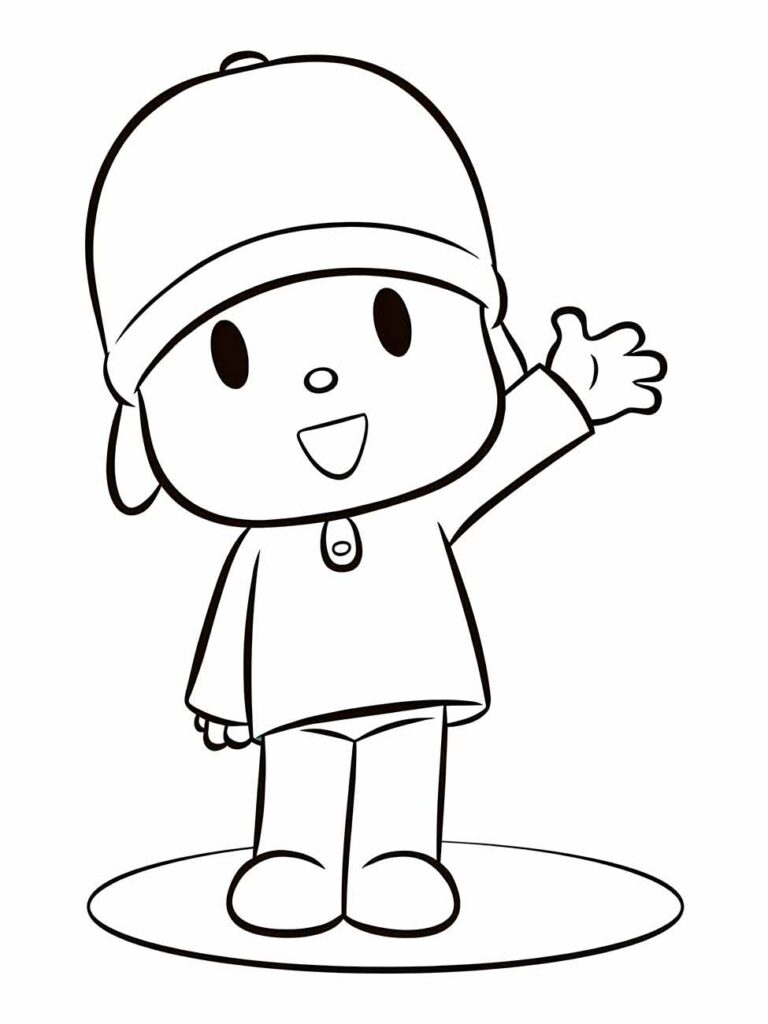 Pocoyo para colorir e imprimir, onde ele acena feliz, uma imagem adorável para as crianças colorirem.