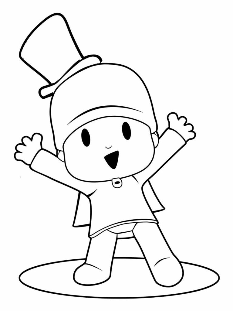 Desenho para colorir do Pocoyo com chapéu de festa, excelente para atividades de pintura em comemorações.