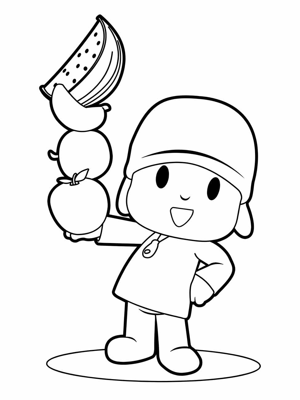 Pocoyo para colorir segurando frutas, uma maneira divertida de ensinar sobre alimentação saudável enquanto pinta.