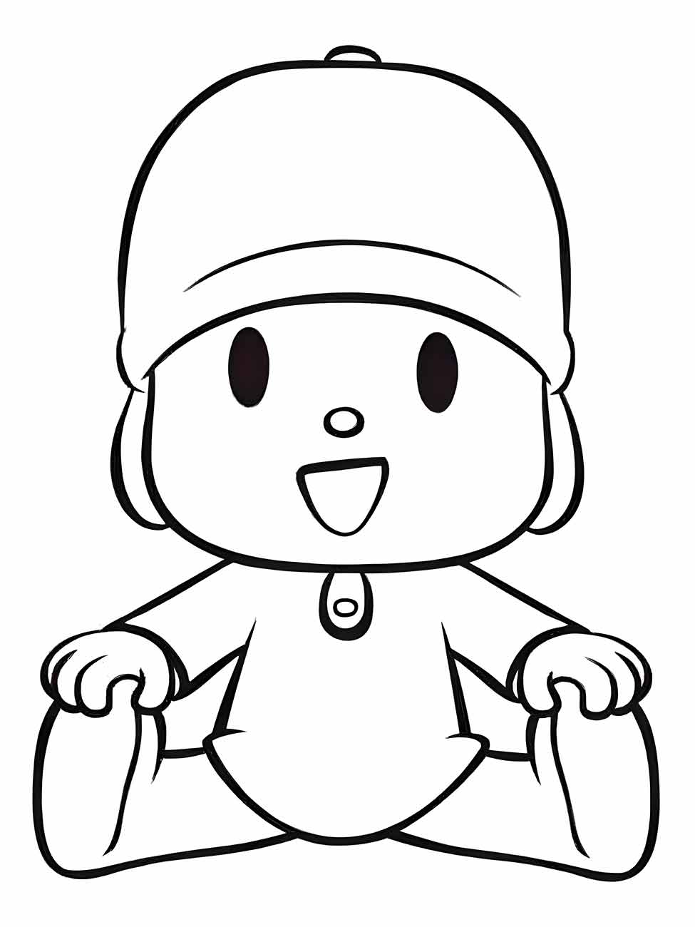 Pocoyo para colorir sentado com as mãos nos pés.