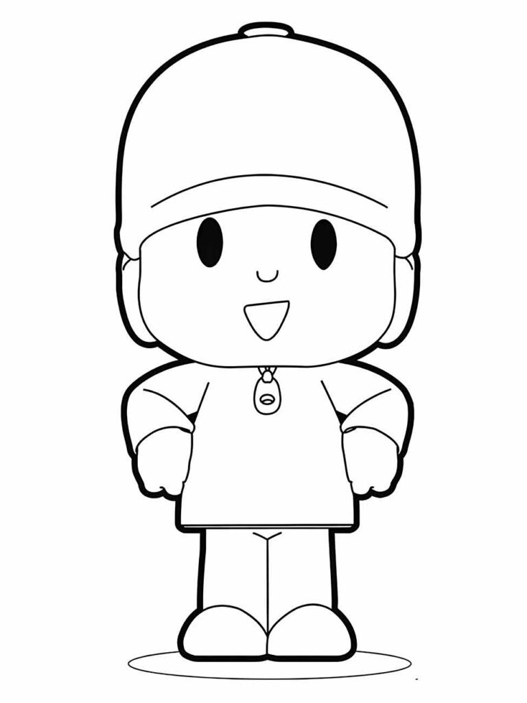 Desenhos para colorir do Pocoyo sozinho, apresentando o personagem principal em uma postura simpática, perfeito para atividades de pintura solo.