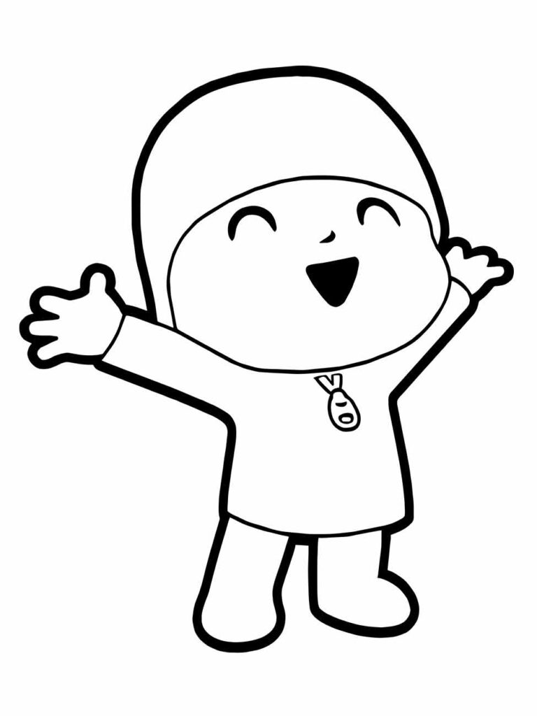 Desenho para colorir de Pocoyo abrindo os braços em alegria.