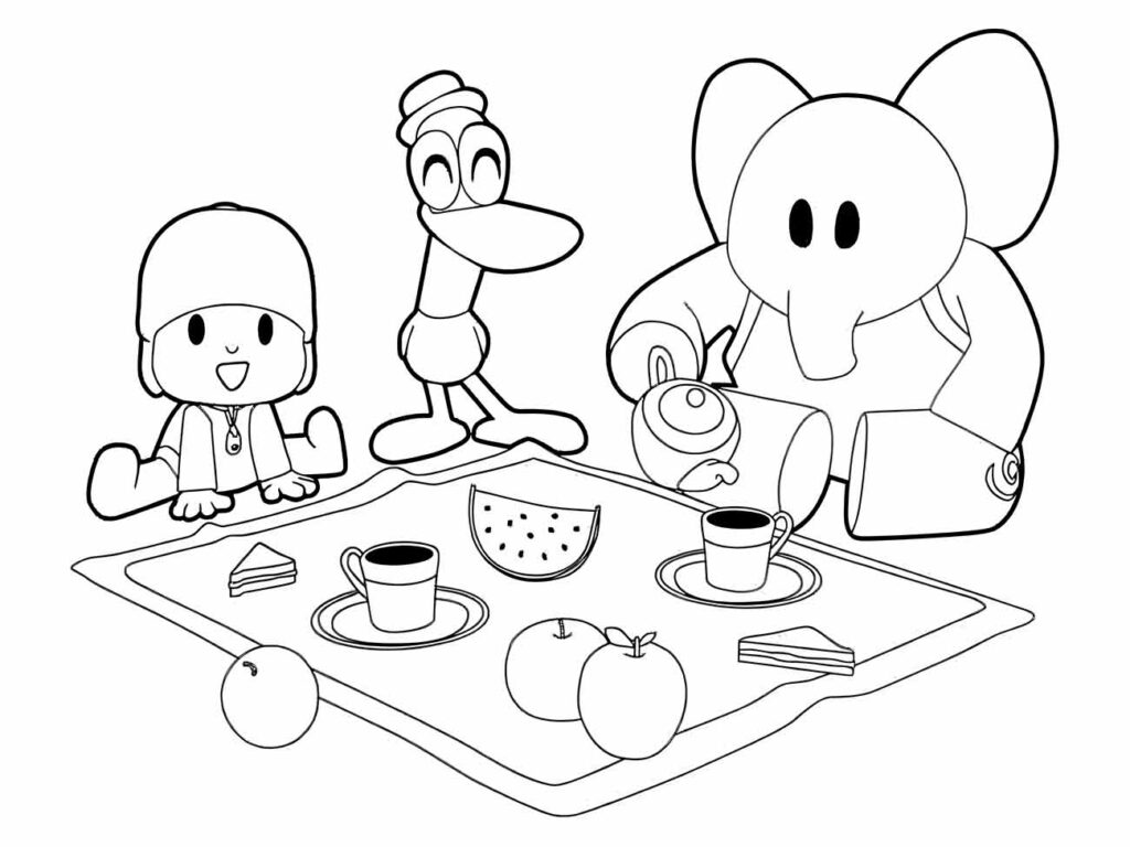 Desenho para imprimir e colorir Pocoyo com Elly e Pato fazendo um piquenique.