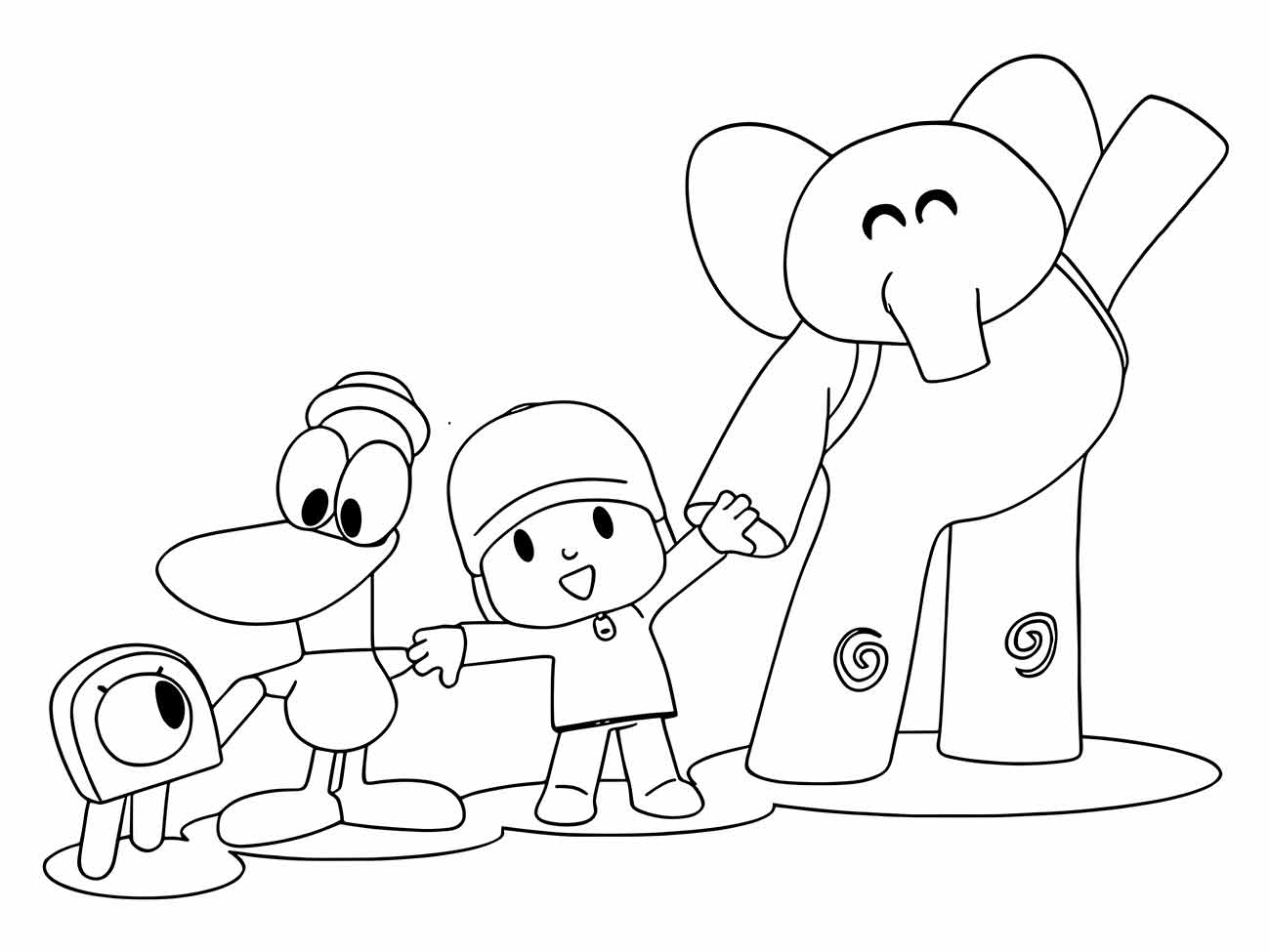 Desenho para colorir de Pocoyo, Pato e Elly.