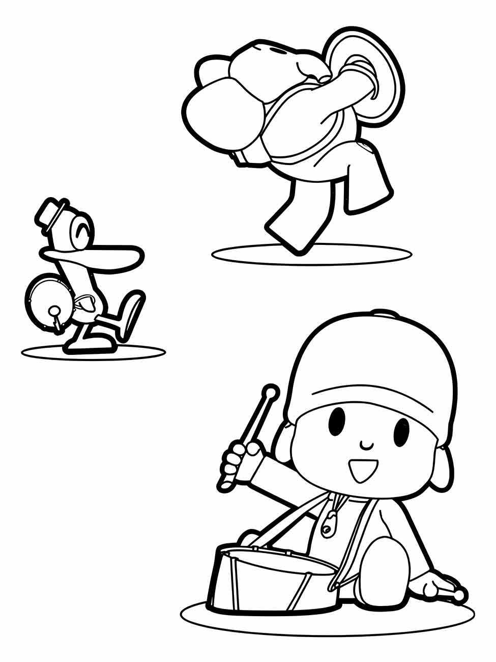 Desenho do Pocoyo para colorir tocando bateria com Elly e Pato.