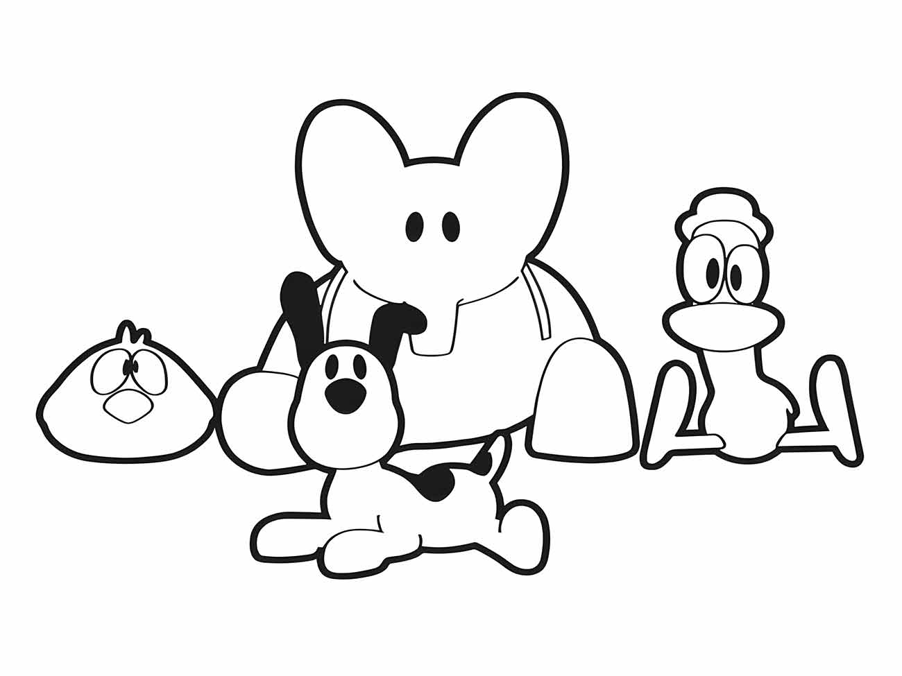 Desenho para imprimir e colorir de Pocoyo com Elly, Loula, Sonequita e Pato deitados.