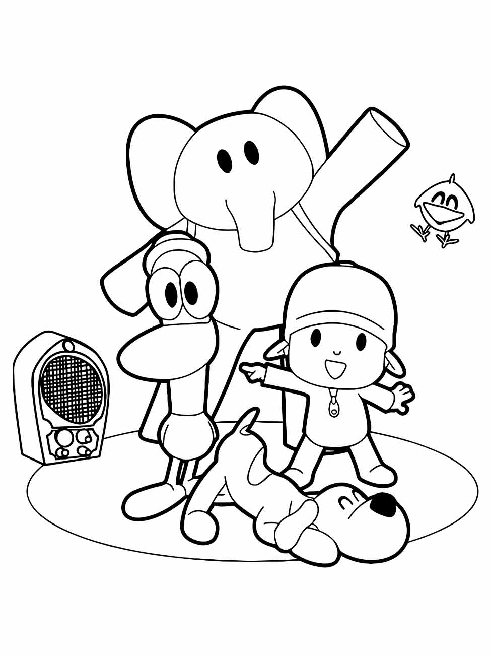 Desenho da turma do Pocoyo para colorir com rádio e Pato deitado.