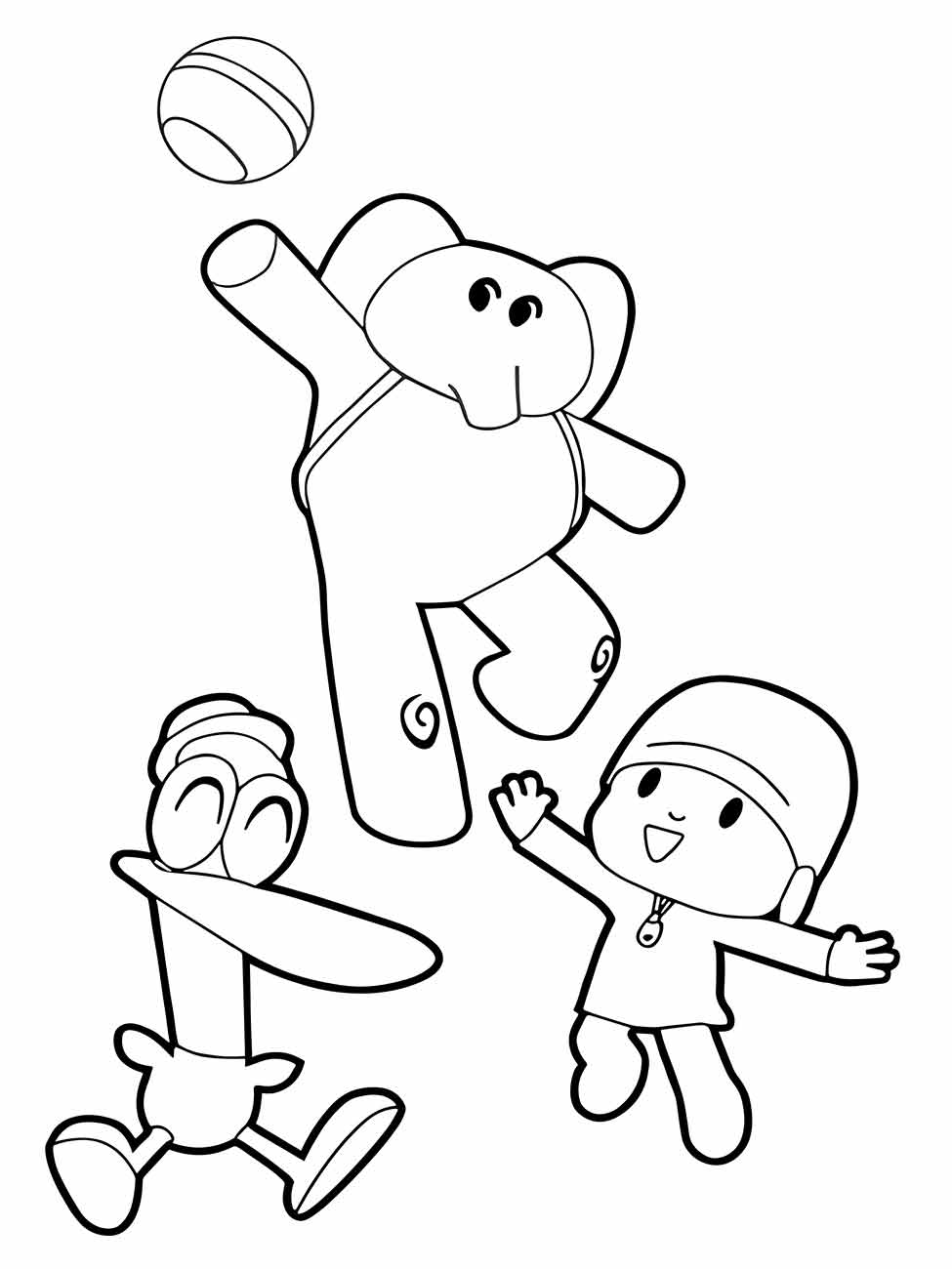 Desenhos do Pocoyo para colorir praticando vôlei com Elly e Pato.