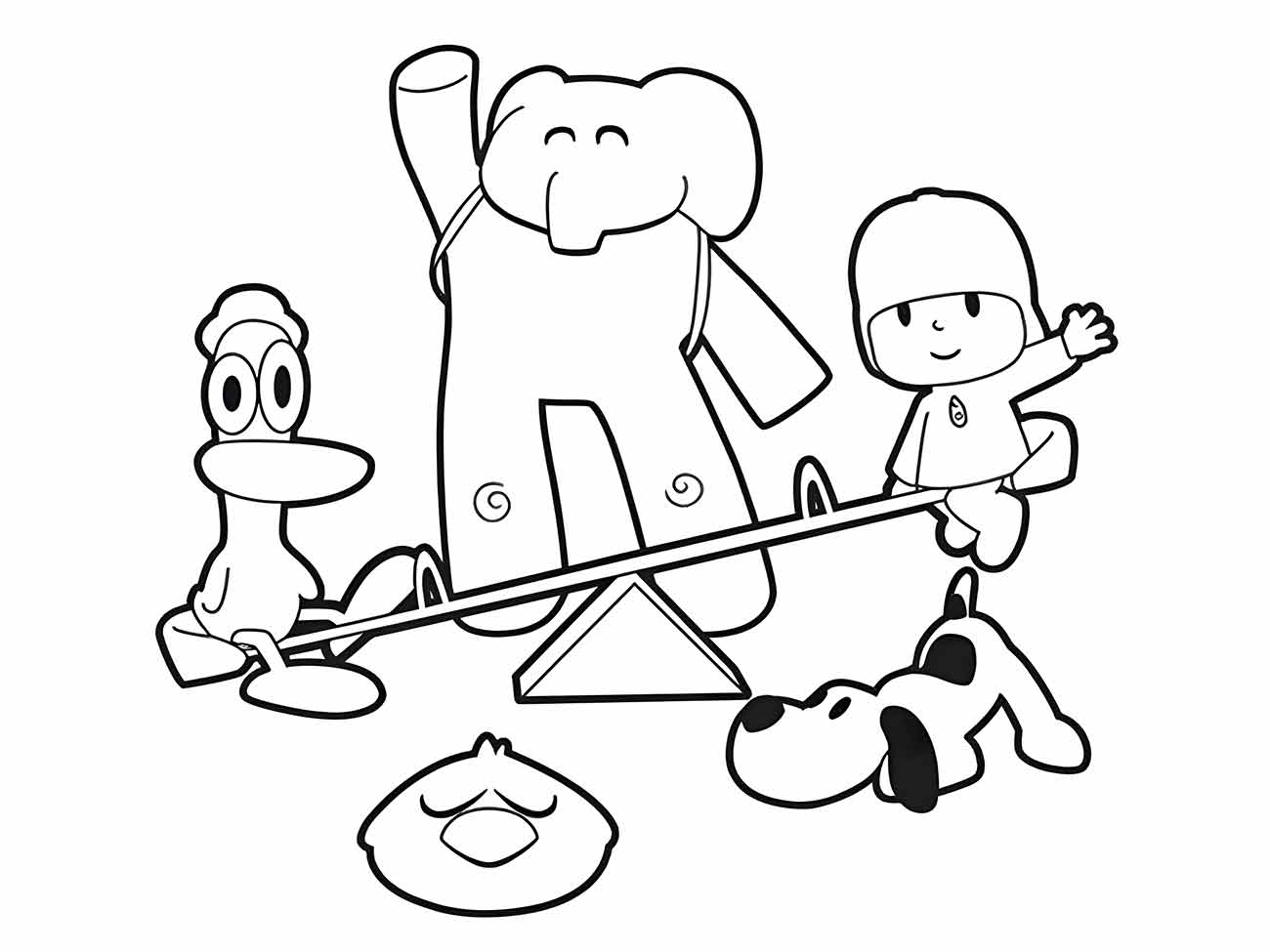 Desenho para colorir de Pocoyo e seus amigos na gangorra.