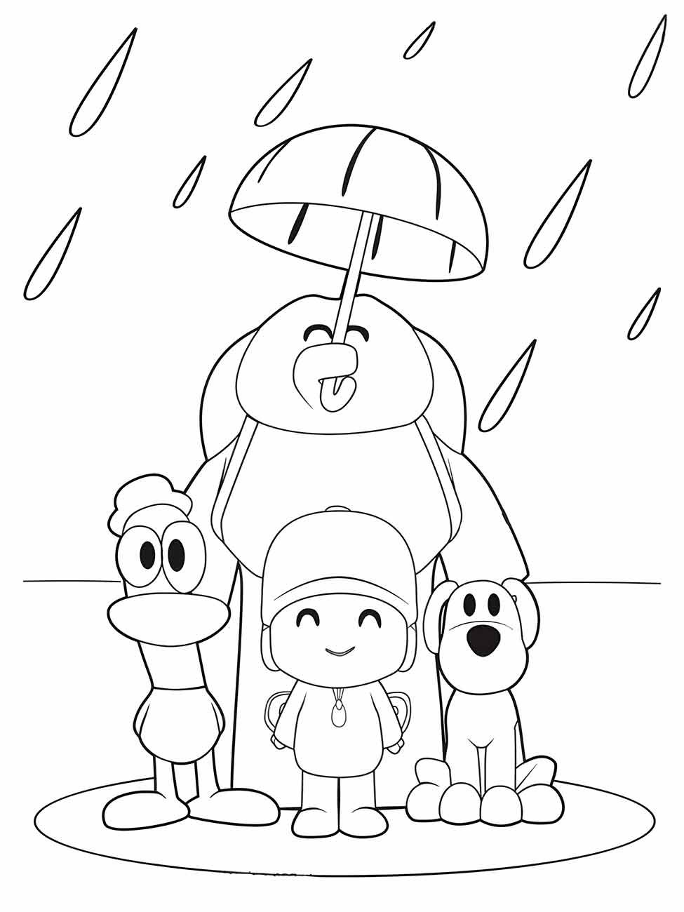 Desenho do Pocoyo para colorir com Pato. Elly e Loula na chuva sob um guarda-chuva.