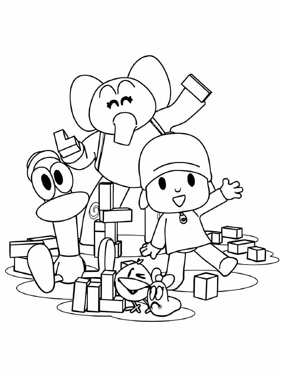 Desenho da turma do Pocoyo para colorir com presentes ao redor.