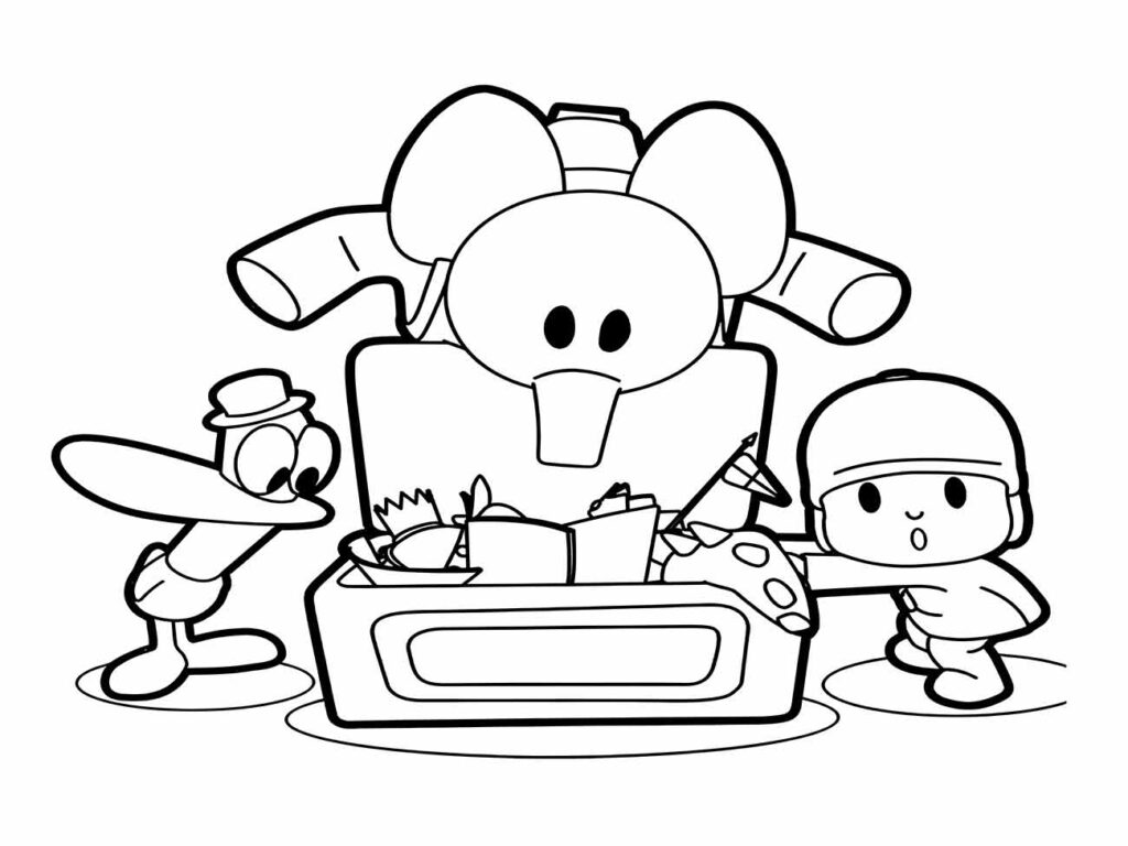 Desenho do Pocoyo para colorir com Elly e Pato na frente de uma caixa de som.