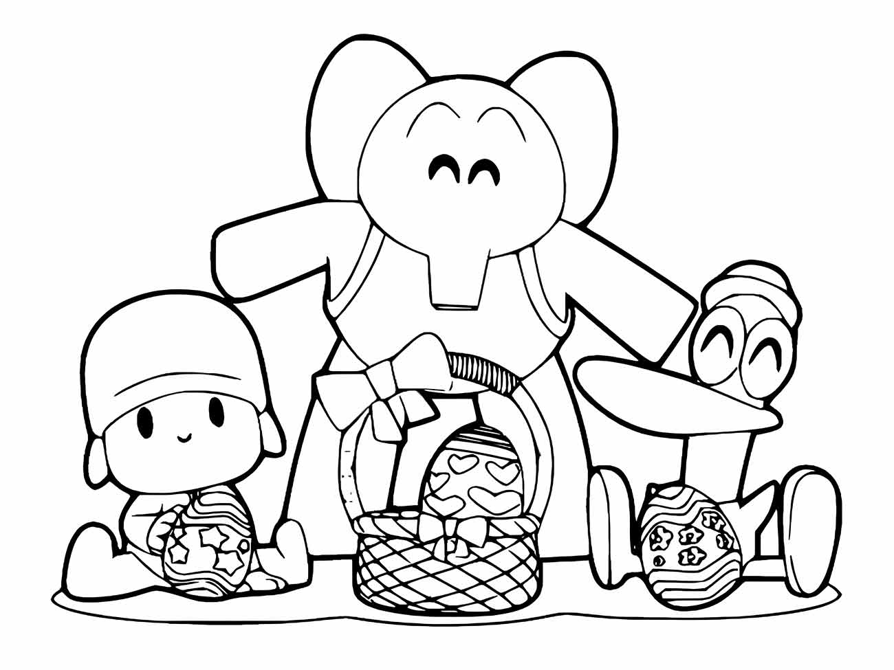 desenho de Pocoyo para colorir e imprimir com Elly e Pato entre ovos decorados.