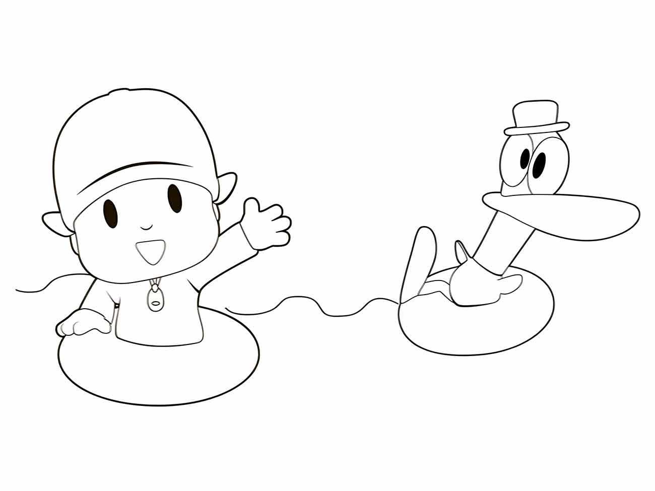 Desenho do Pocoyo para colorir acenando ao lado do Pato.