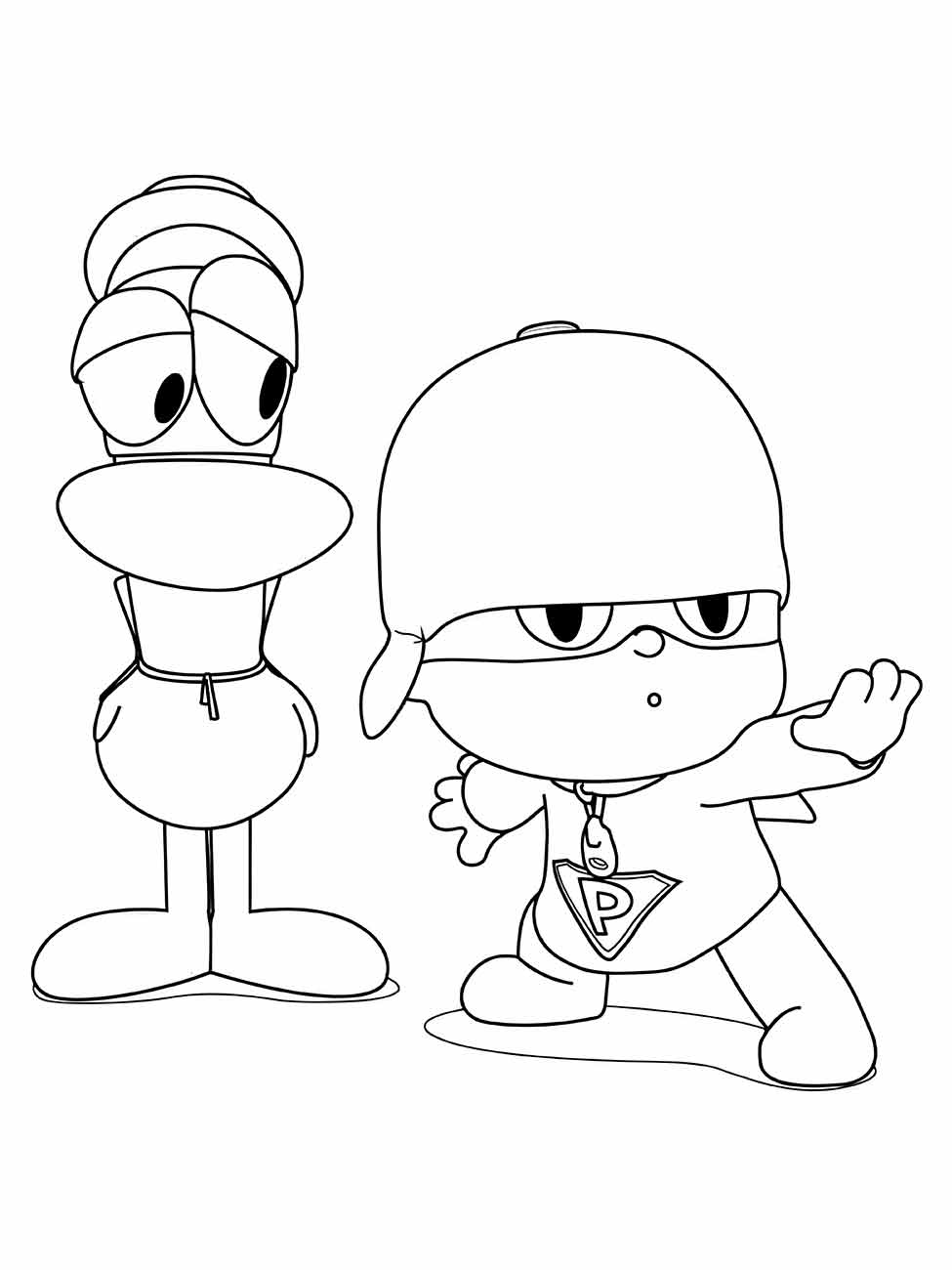 Pocoyo e Pato para colorir em poses de super-heróis.