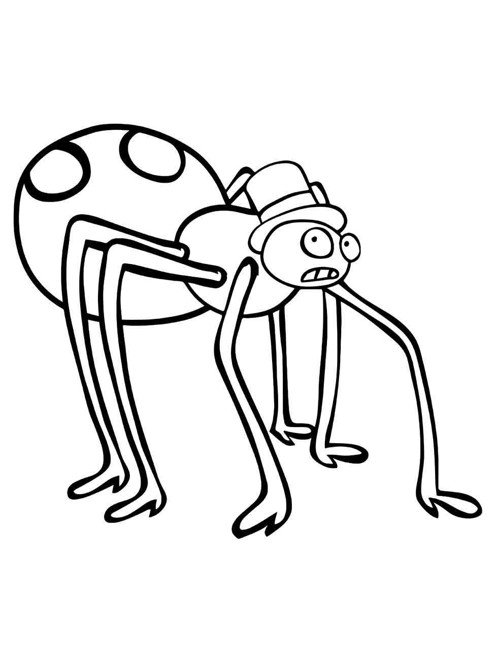 Desenho para colorir de aranha, estilo caricatura com chapéu e expressão preocupada.