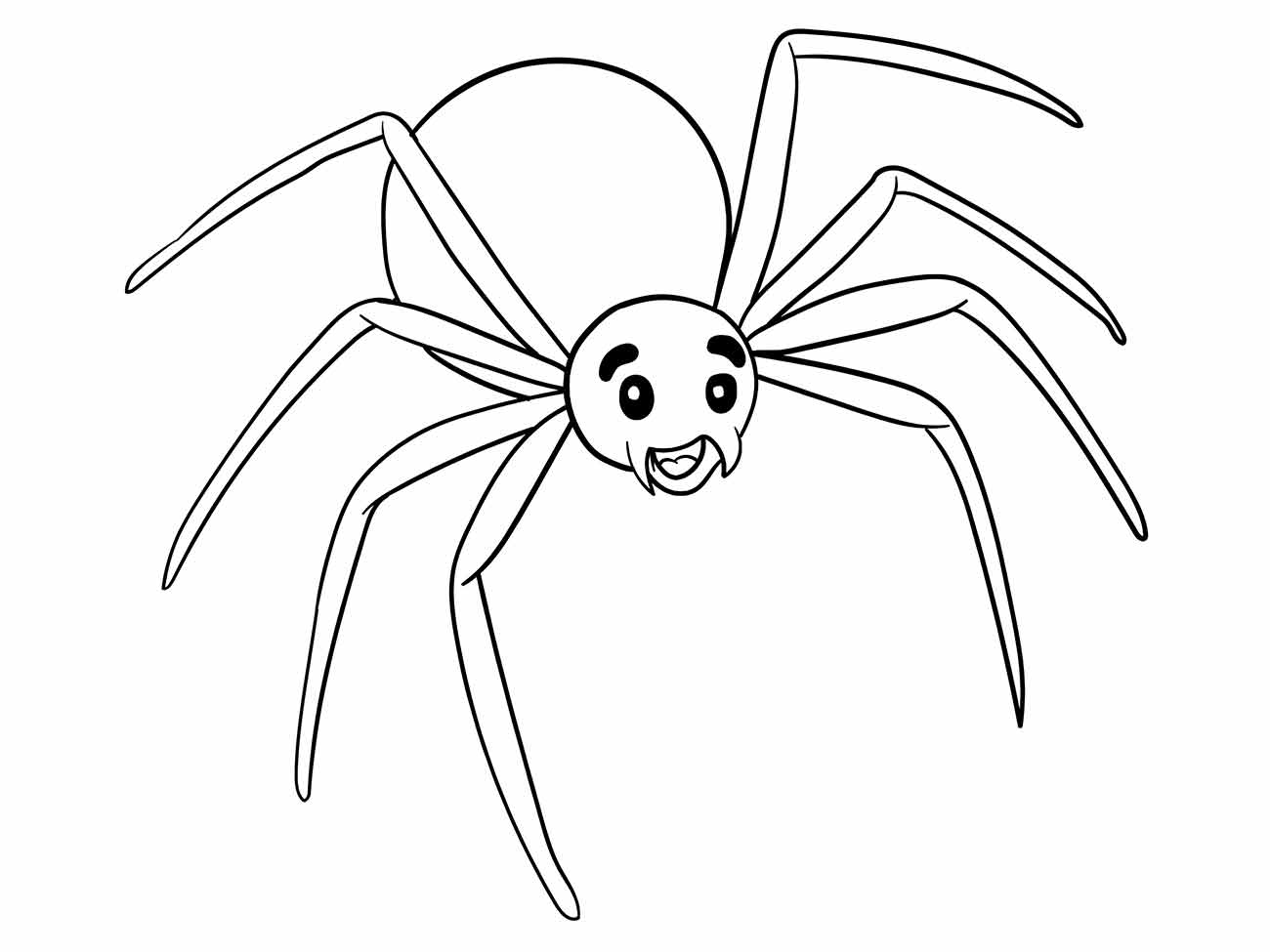 Desenho da aranha para colorir apresentando uma expressão feliz e patas estendidas.