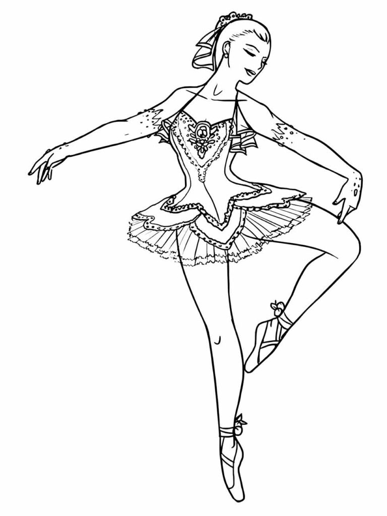 Desenho para colorir de bailarina em pose clássica.