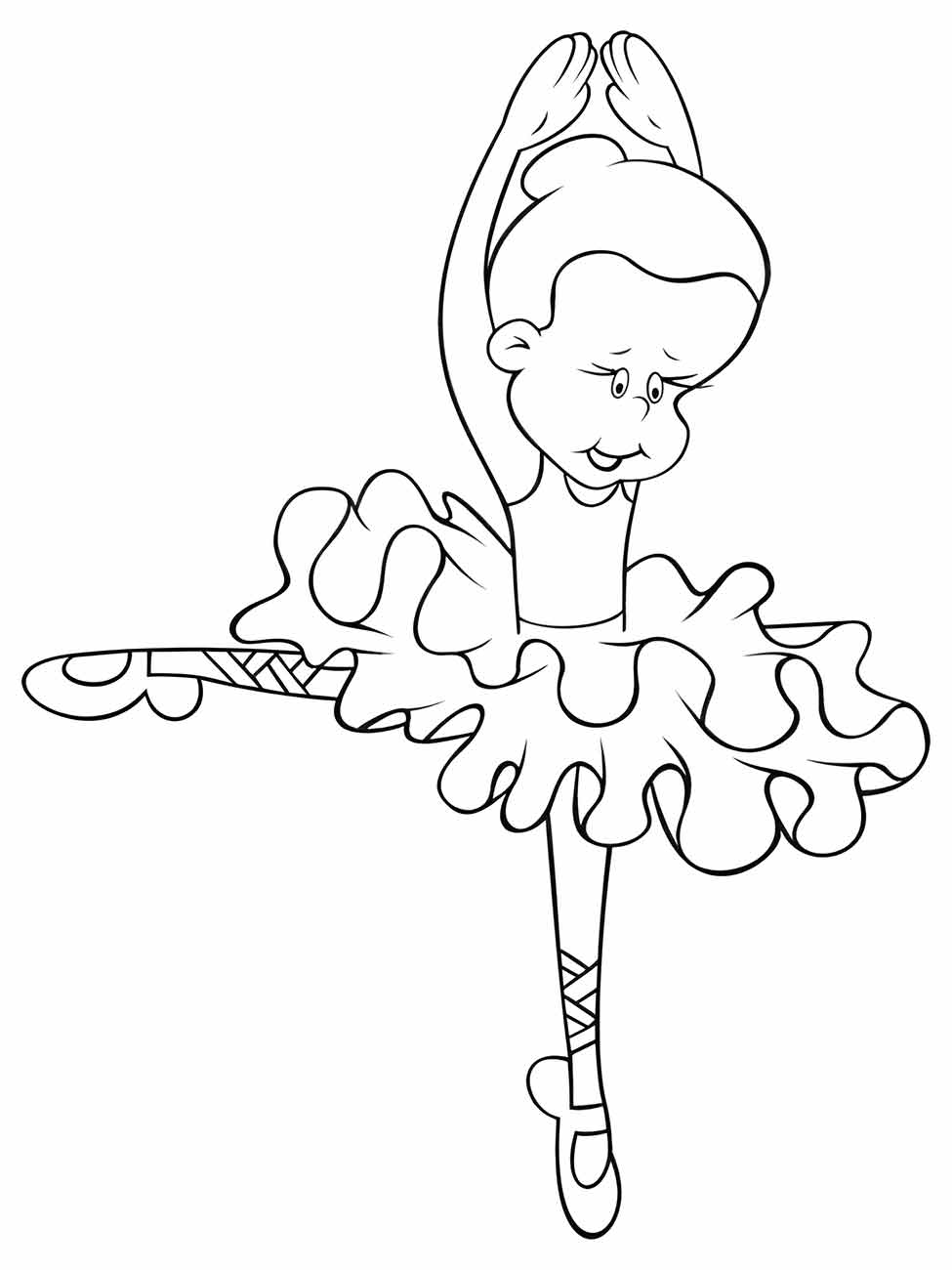 Bailarina infantil em desenho para colorir com tutu volumoso e braços levantados.