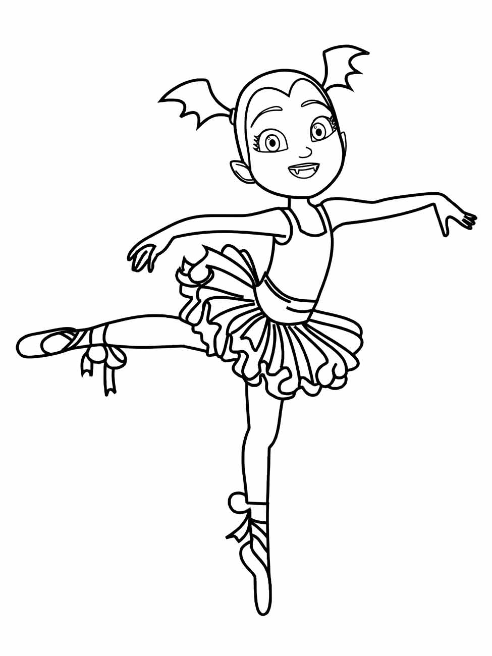 Desenho para colorir de bailarina jovem com pigtails e saia detalhada.