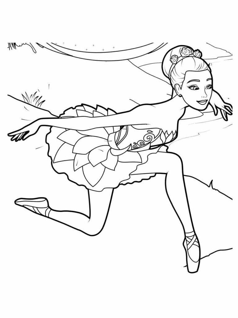 Bailarina com tutu e braços estendidos em desenho para colorir, com fundo de paisagem.