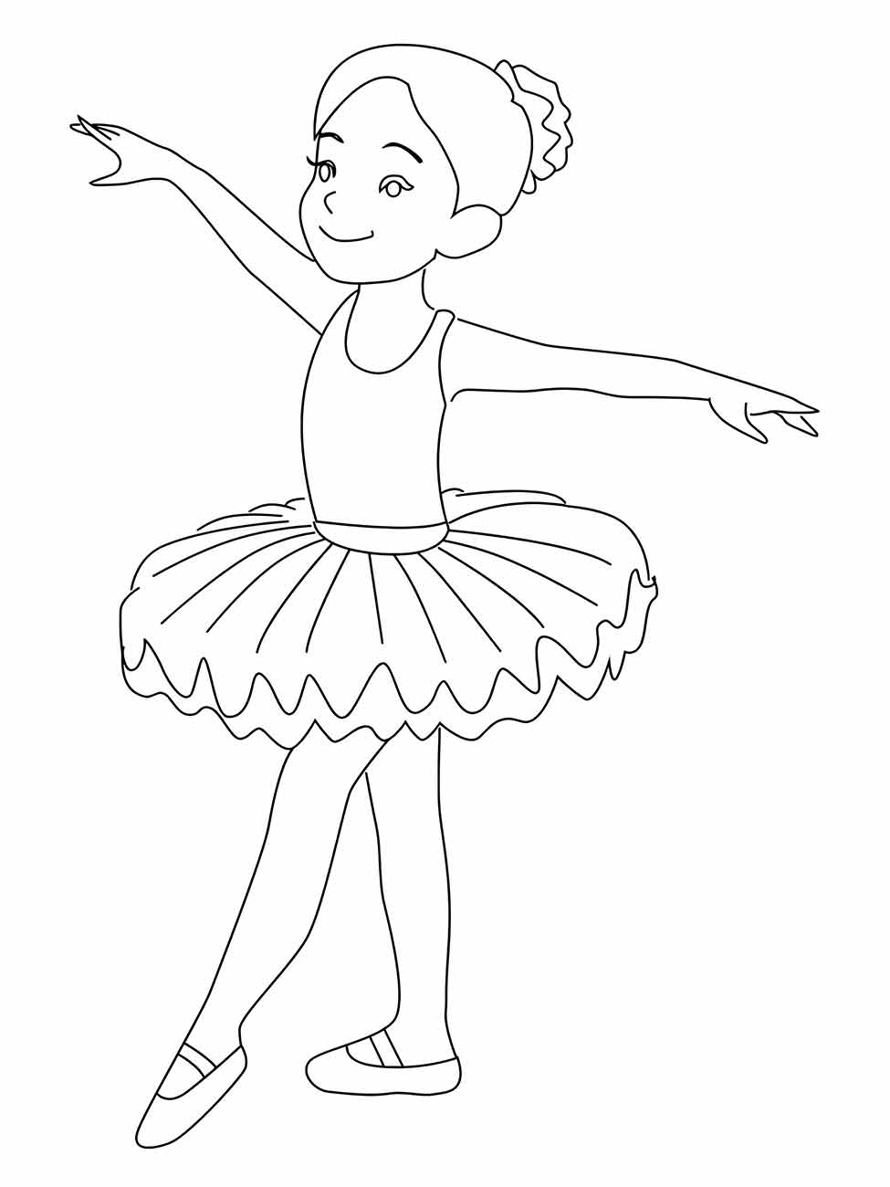 Desenho para colorir de bailarina infantil com sorriso e braços abertos.